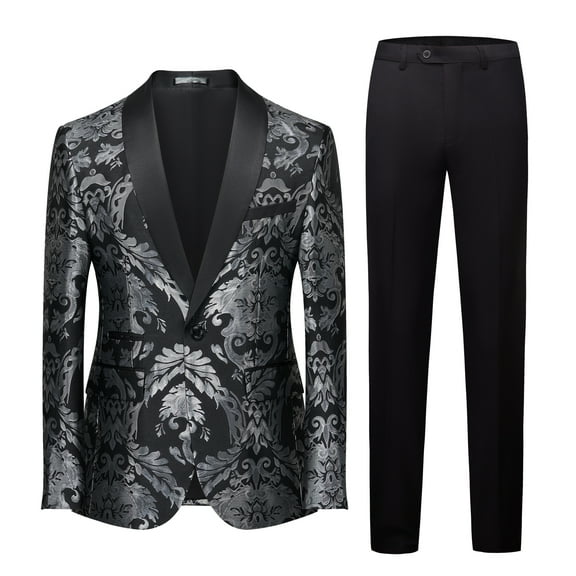 Mens Suits Paisley Floral  Slim Fit 2 Piece Formal Skinny Tuxedo Blazer Pants Set for Prom Wedding Party Jacket- Black & Silver