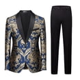 thumbnail image 1 of Mens Suits Paisley Floral  Slim Fit 2 Piece Formal Skinny Tuxedo Blazer Pants Set for Prom Wedding Party Jacket- Blue & Gold, 1 of 9