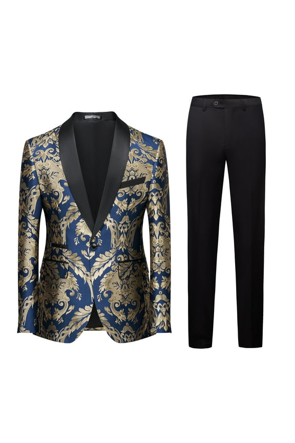 Mens Suits Paisley Floral Slim Fit 2 Piece Formal Skinny Tuxedo Blazer Pants Set for Prom Wedding Party Jacket- Blue & Gold