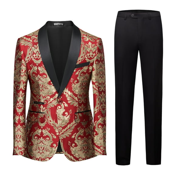 Mens Suits Paisley Floral  Slim Fit 2 Piece Formal Skinny Tuxedo Blazer Pants Set for Prom Wedding Party Jacket- Red & Gold
