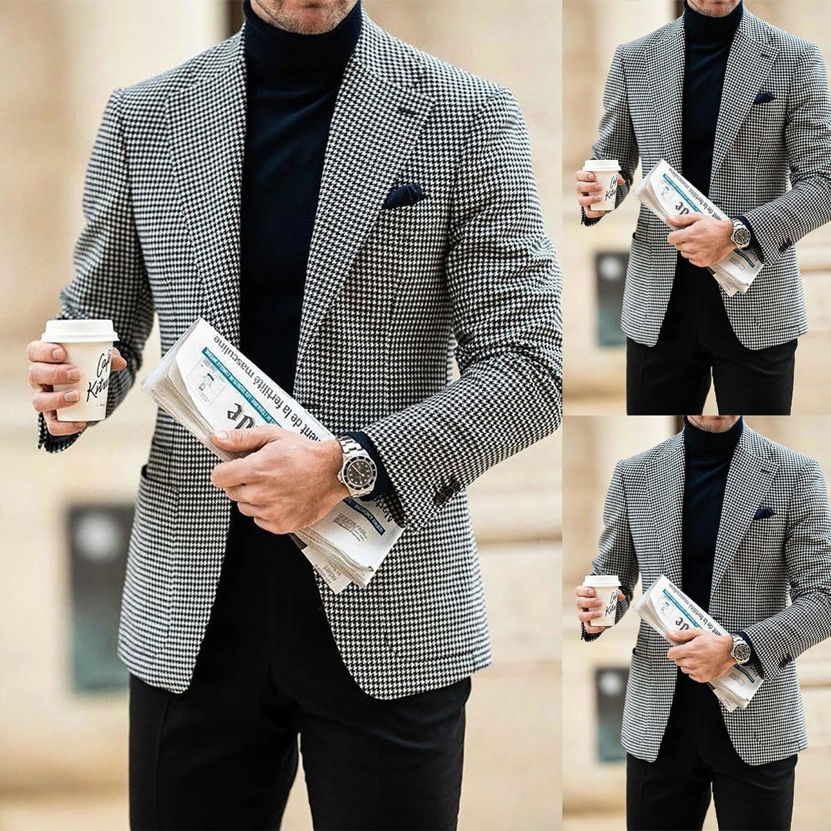 Mens Suits Slim Fit Houndstooth Jacket Father's Day Gifts Groom Wedding ...
