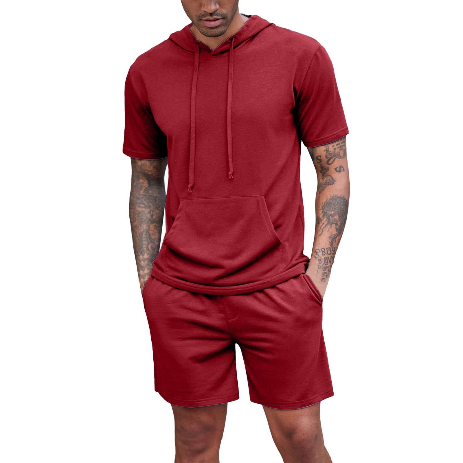 Mens Suits Tracksuit 2 Piece Hooded Sweatsuit Short Sleeve Casual Sports Hoodie Shorts Set Walmart