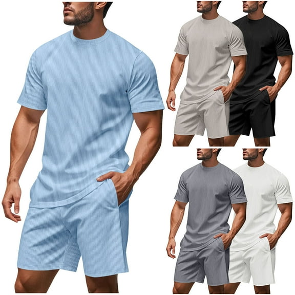 Mens Summer 2 Piece Outfits Crew Neck Short Sleeve Shirts Short Pants Man Leisure Solid Color Casual Outdoor Sport 2PCS Sets Men's Clothing Sets