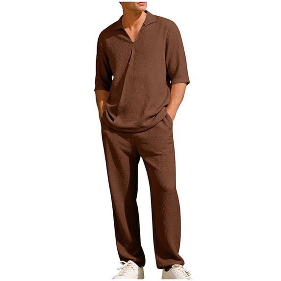 Mens Summer 2 Piece Set Casual Outfits Button Half Short Sleeve V Neck Polo Shirt & Loose Pants Textured Tracksuit Walking Suits Coffee
