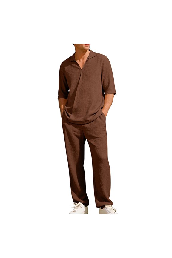 Mens Summer 2 Piece Set Casual Outfits Button Half Short Sleeve V Neck Polo Shirt & Loose Pants Textured Tracksuit Walking Suits Coffee