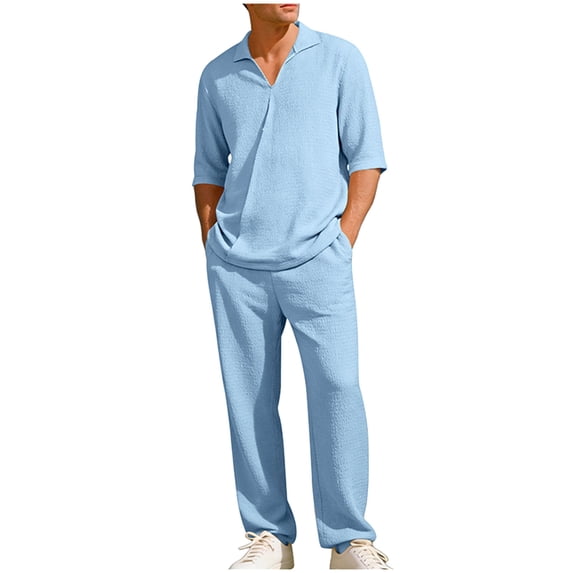 Mens Summer 2 Piece Set Casual Outfits Button Half Short Sleeve V Neck Polo Shirt & Loose Pants Textured Tracksuit Walking Suits Light Blue