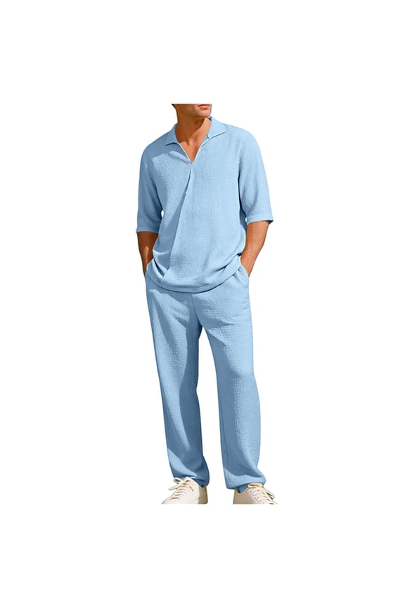 Mens Summer 2 Piece Set Casual Outfits Button Half Short Sleeve V Neck Polo Shirt & Loose Pants Textured Tracksuit Walking Suits Light Blue