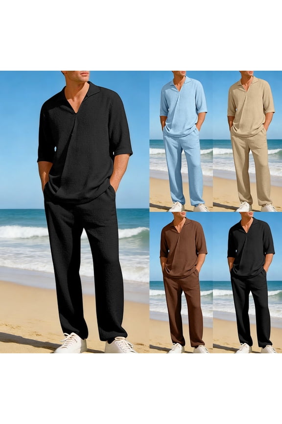 Mens Summer 2 Piece Set Casual Outfits Button Half Short Sleeve V Neck Polo Shirt & Loose Pants Textured Tracksuit Walking Suits Light Blue