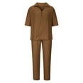 thumbnail image 1 of Mens Summer 2 Piece Set Casual Outfits V Neck Short Sleeve Polo Shirt & Loose Pants Textured Striped Tracksuit Walking Suits Brown, 1 of 4