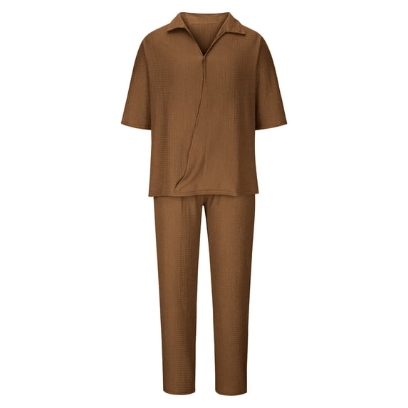 Mens Summer 2 Piece Set Casual Outfits V Neck Short Sleeve Polo Shirt & Loose Pants Textured Striped Tracksuit Walking Suits Brown
