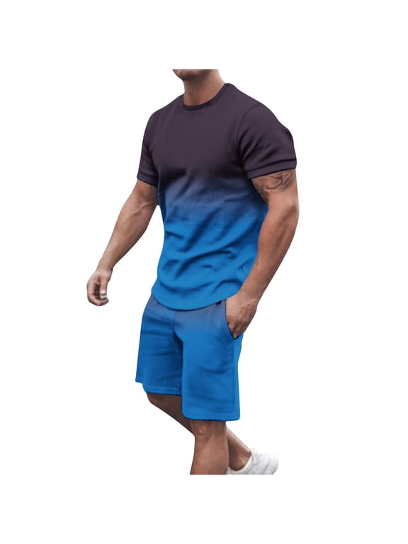 Mens Summer 2 Piece Tracksuit Gradient Color Crew Neck Pull-On Tee Tops and Double Pockets Plain Shorts Vacation Workout Shirts Sets