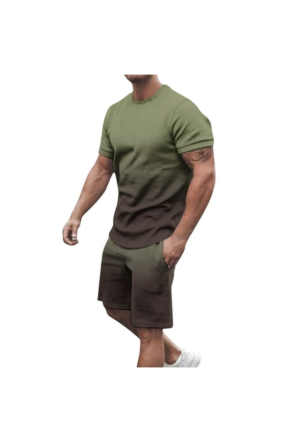 Mens Summer 2 Piece Tracksuit Gradient Color Crew Neck Pull-On Tee Tops and Double Pockets Plain Shorts Vacation Workout Shirts Sets