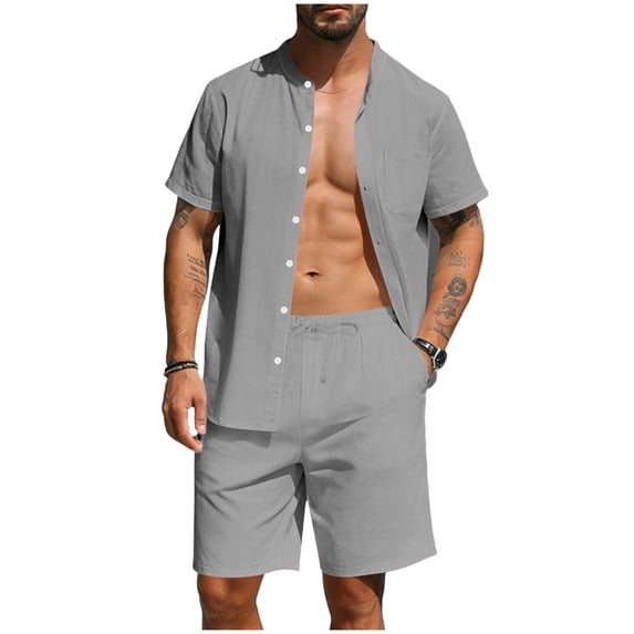 Mens Summer Beach Outfits 2 Piece Short Sleeve Sets Button Down Linen Cotton Shirts and Shorts Casual Vacation Set Big and Tall Size S-3XL Gray