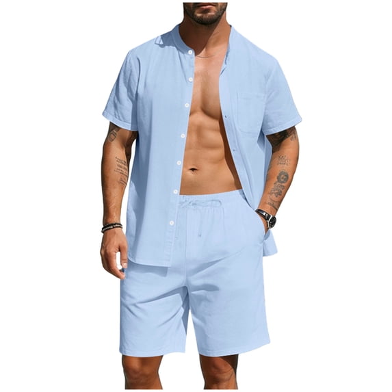 Mens Summer Beach Outfits 2 Piece Short Sleeve Sets Button Down Linen Cotton Shirts and Shorts Casual Vacation Set Big and Tall Size S-3XL Light Blue