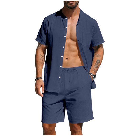Mens Summer Beach Outfits 2 Piece Short Sleeve Sets Button Down Linen Cotton Shirts and Shorts Casual Vacation Set Big and Tall Size S-3XL Navy