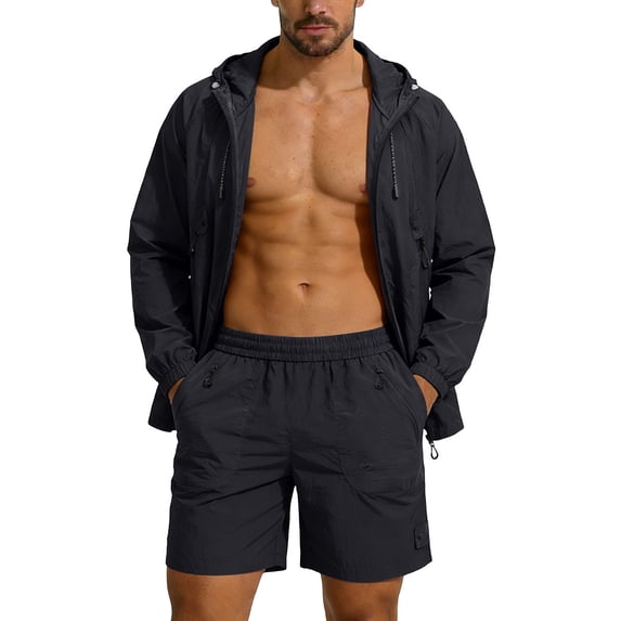Mens Summer Beach Outfits 2 Piece Track Suits Sun Protection Clothing Long Sleeve Full Zip Up Hoodies and Elastic Waist Shorts Beachwear Matching Sets Running Casual Soprts Set