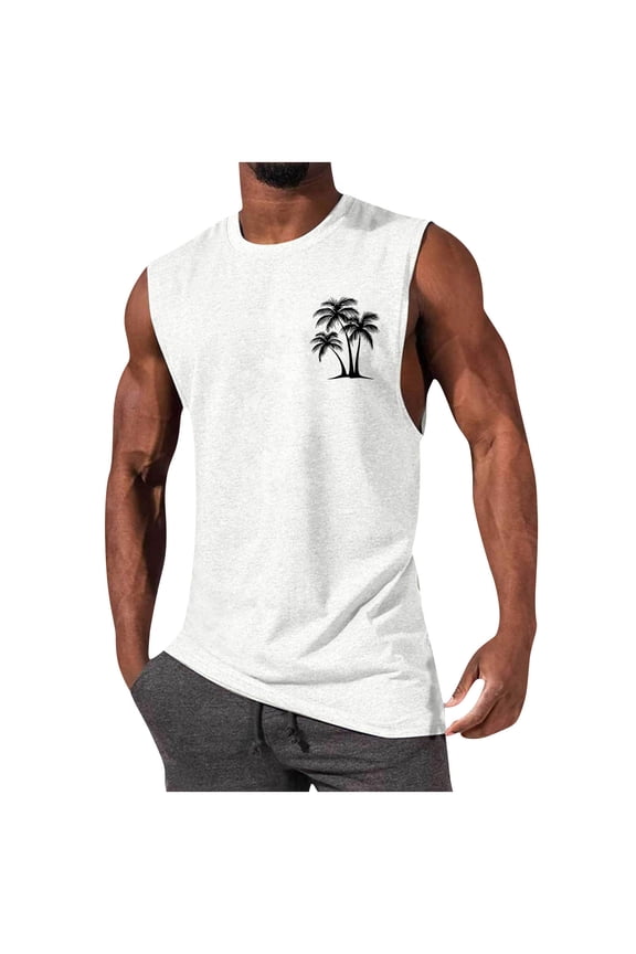 Mens Summer Beach Tank Top Hawaiian Palm Tree Print Sleeveless Muscle Basic Tee Vacation Tops Big And Tall Tank Tops For Men