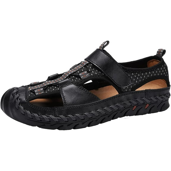 Mens Summer Breathable Sports Sandals Leather Hiking Comfortable Slippers Closed Toe Outdoor Casual Fisherman Shoes Black 10.5 US