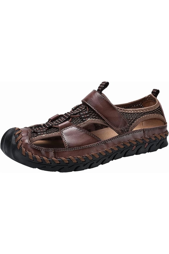 Mens Summer Breathable Sports Sandals Leather Hiking Comfortable Slippers Closed Toe Outdoor Casual Fisherman Shoes Brown 10 US