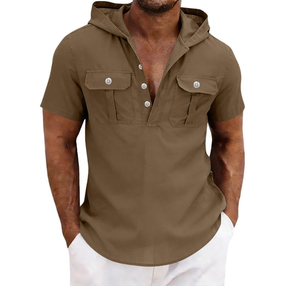 Mens Summer Button Hoodie Cotton Linen Short Sleeve Hooded Sweatshirt Casual Plain Regular Fit Outdoor Workout Muscle Tank Tops with Pocket