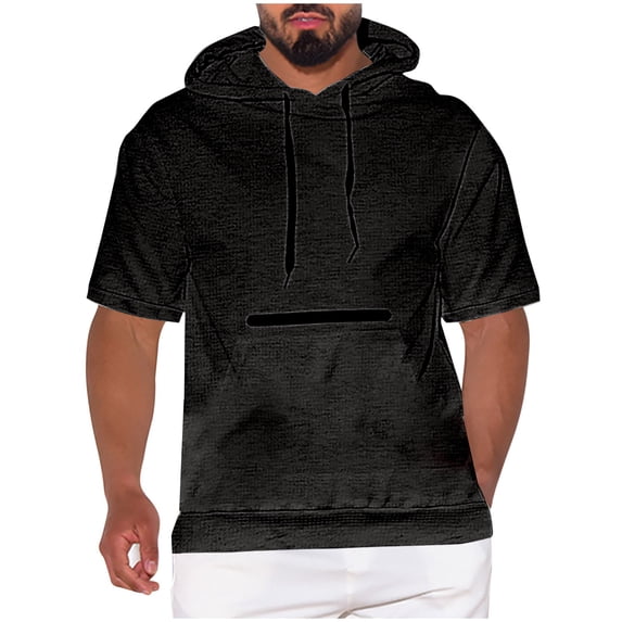 Mens Summer Casual Hoodie Pullover Drawstring Short Sleeve Outdoor Hiking Loose Shirt with Pocket Fathers Gift