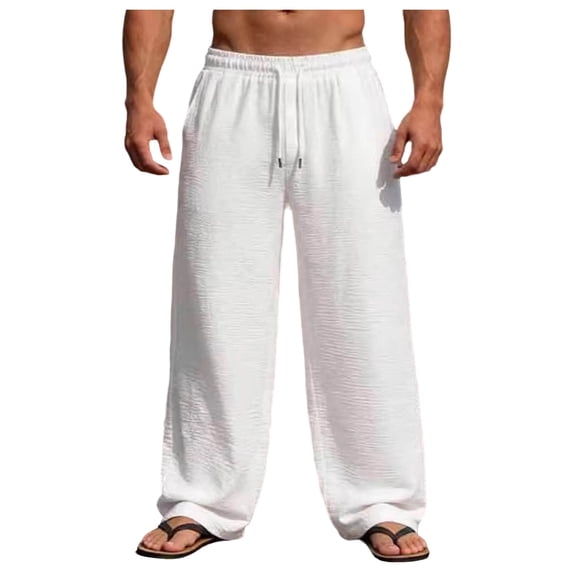 Mens Summer Casual Pants Solid Color Drawstring Elastic Waist Solid Color Travel Vacation Trousers Fathers Gift