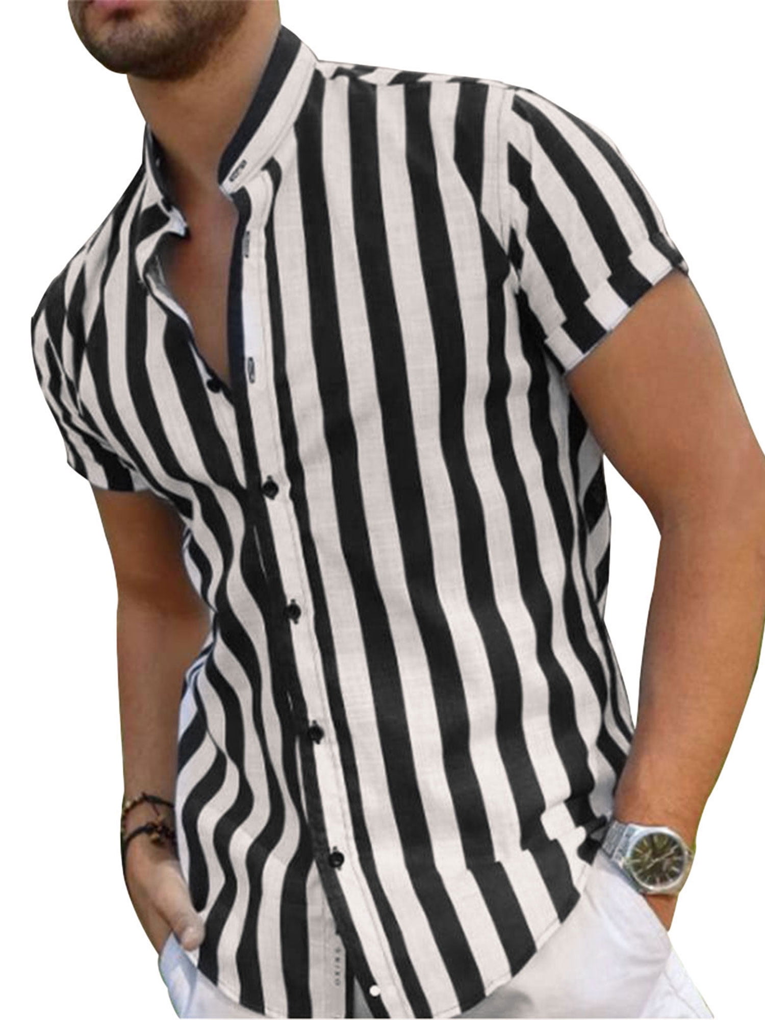 Mens Summer Casual Short Sleeve Shirt Cotton Stripe Button Down Shirt