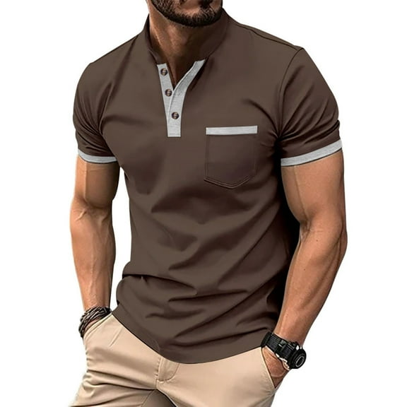 Mens Summer Casual T-Shirts Fashion Solid Stand Collar Blouses Pullover Button Short Sleeve Shirts Crew Neck Short Sleeve Henley Top