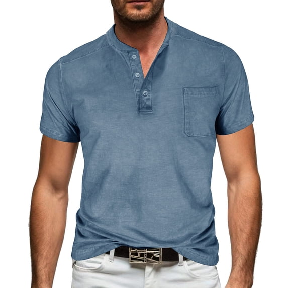 Mens Summer Casual T-Shirts with Pocket Short Sleeve Shirts for Men Pullover Button Stand Collared Basic Tees Tops