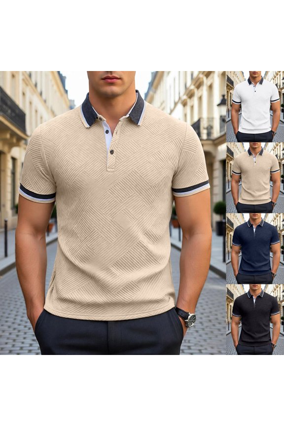 Mens Summer Color Block Polo Shirt Contrast Collar T Shirt Summer Short Sleeve Top Navy L