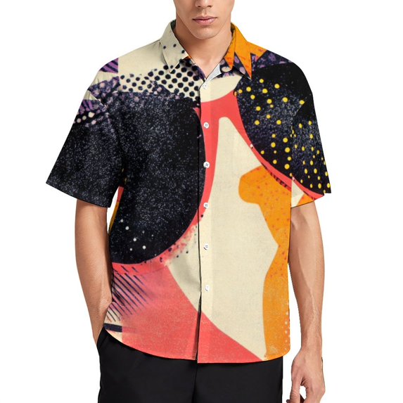 Mens Summer Color Wave Point Geometry Shirts Button Down Short Sleeve Vintage Hawaiian Shirts with Pocket