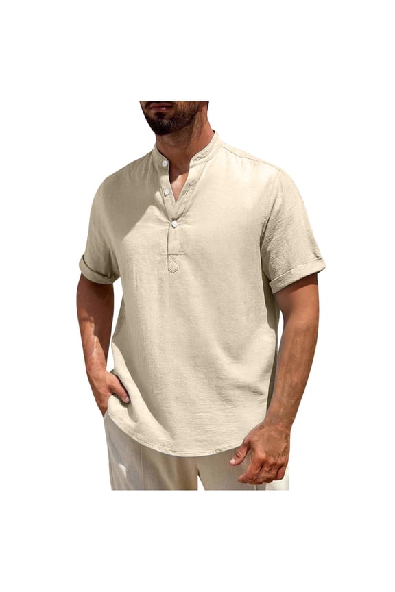 Mens Summer Cotton Linen T Shirts Short Sleeve Henley Button Shirt Fashion Lightweight Loose Beach Vacation Blouse Top