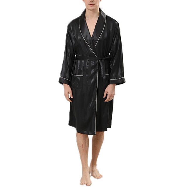 Mens Summer Emulation Silk Bathrobe Long Sleeve Lightweight Baggy