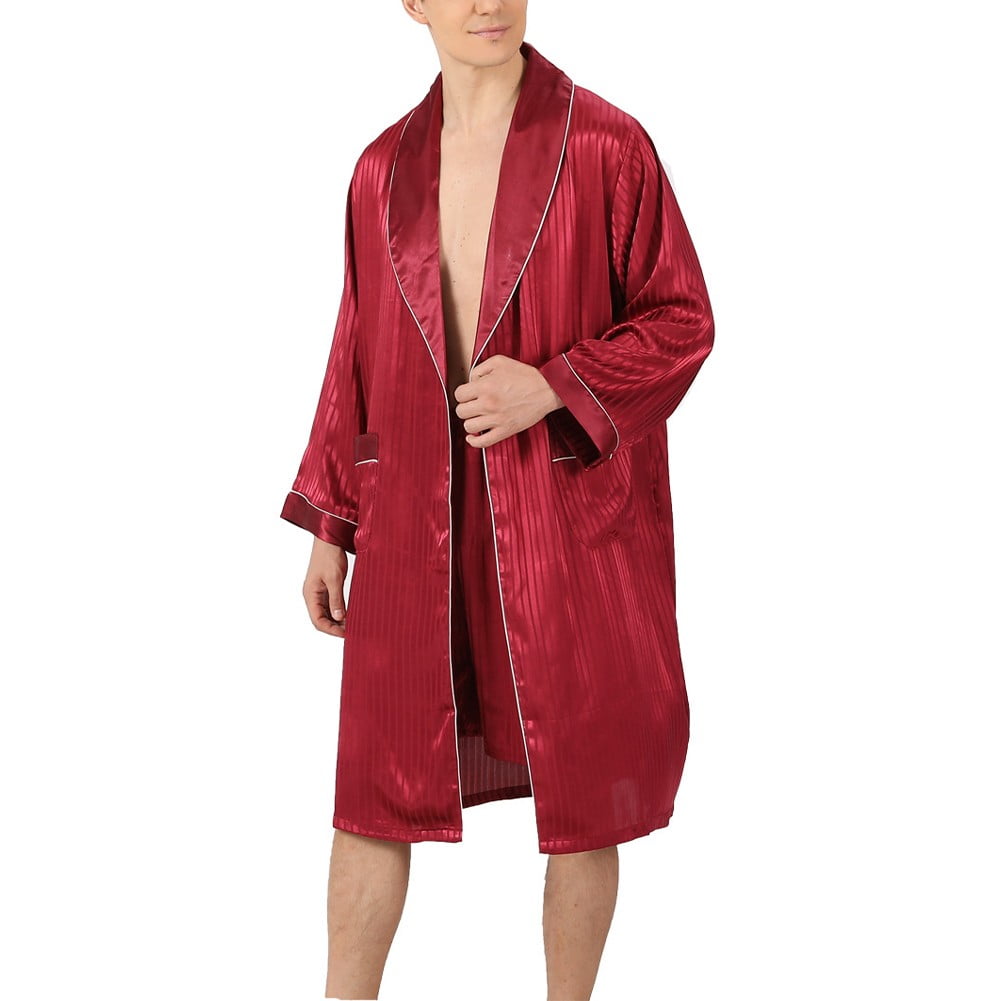 Mens Summer Emulation Silk Bathrobe Long Sleeve Lightweight Baggy