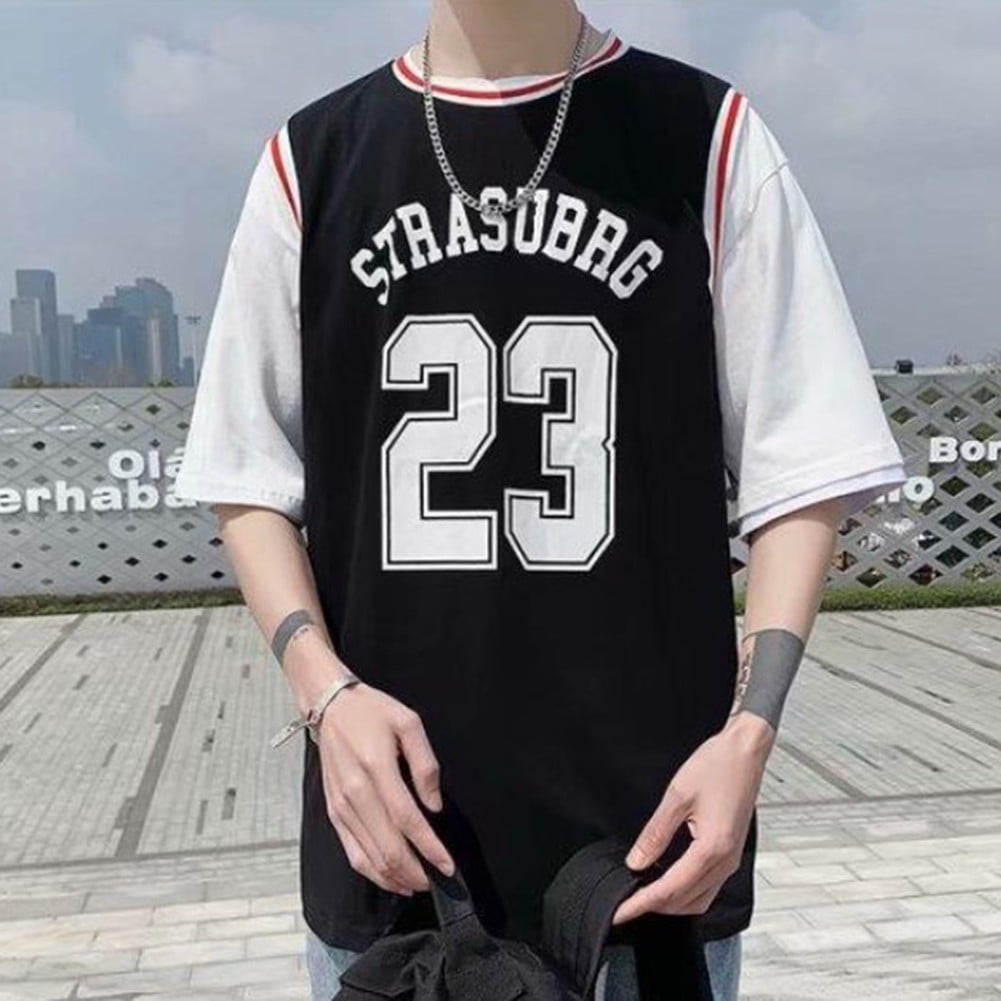 Mens Summer Fake Two-Piece Basketball Short Sleeve T-Shirt