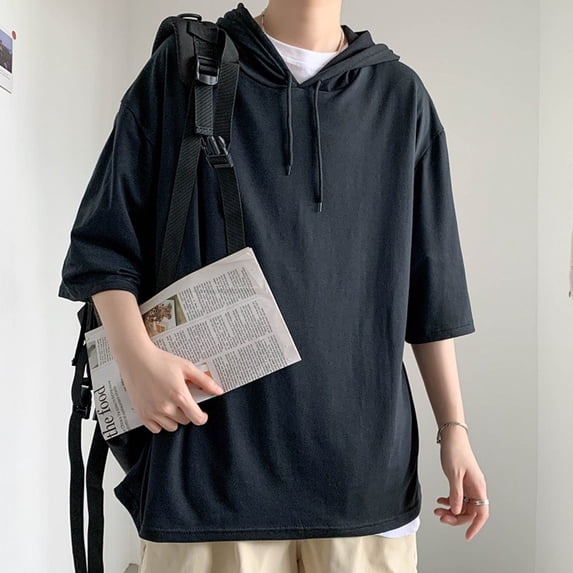 Mens Summer Fashion Baggy Short Sleeve Hooded T-Shirt Solid Color Hip Hop Tees