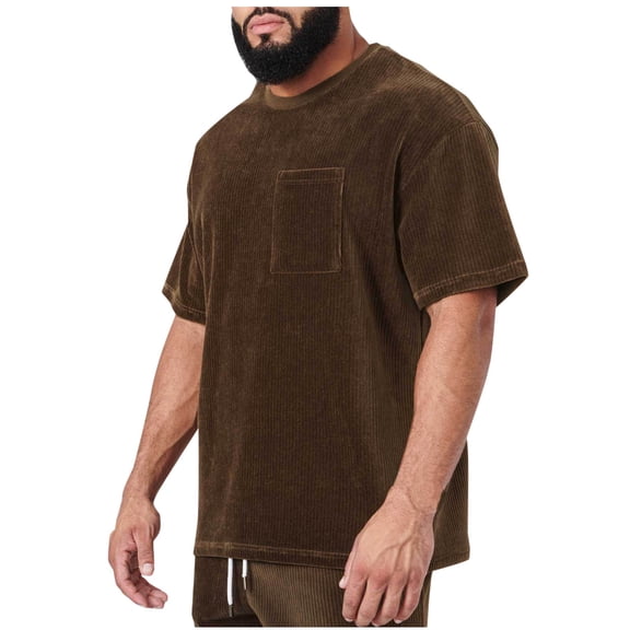 Mens Summer Fshion Tops Shirts 2025 Plus Size Casual Solid Color Sports Corduroy Pocket Short Sleeve Round-Neck Top T-shirt Blouses