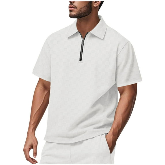 Mens Summer Golf Shirts Turndown Collar Zipper Short Sleeve Workout Tee Shirt Stretch Plaid Fashion Tunic Tops