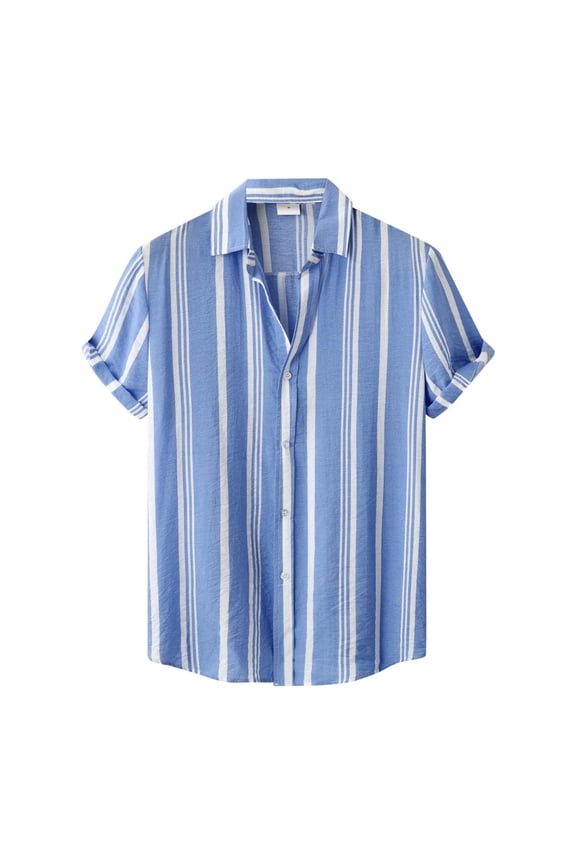 Mens Summer Hawaii Striped Cuban Collar Shirt Short Sleeve Button Shirt Blouse Novelties 2023 Trend Men Shirts Sky Blue Xl