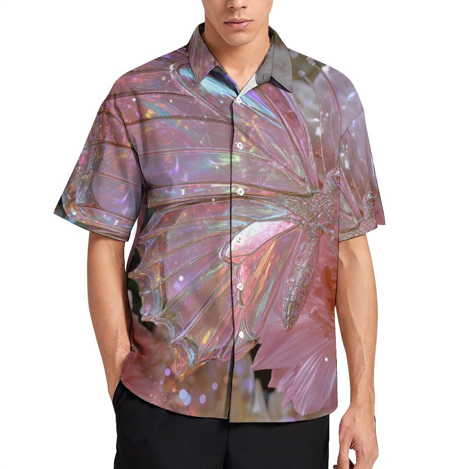 iridescent mens dress shirt Mens Summer Iridescent Butterfly Pink Flower Magic Dream Shirts Button Down  Short Sleeve Vintage Hawaiian Shirts with Pocket