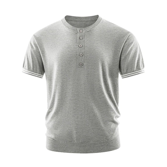 Mens Summer Knitted Shirt Fashion Front Placket Short Sleeve Button Down Tee Top