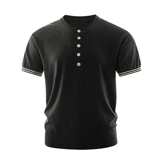 Mens Summer Knitted Shirt Fashion Front Placket Short Sleeve Button Down Tee Top