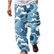 JSKUMAR Mens Summer Linen Beach Pants Comfy Floral Print Hawaii Lounge Pants Loose Elastic Waist Harem Pant Pockets Straight Pant(XXXL,Light Blue)