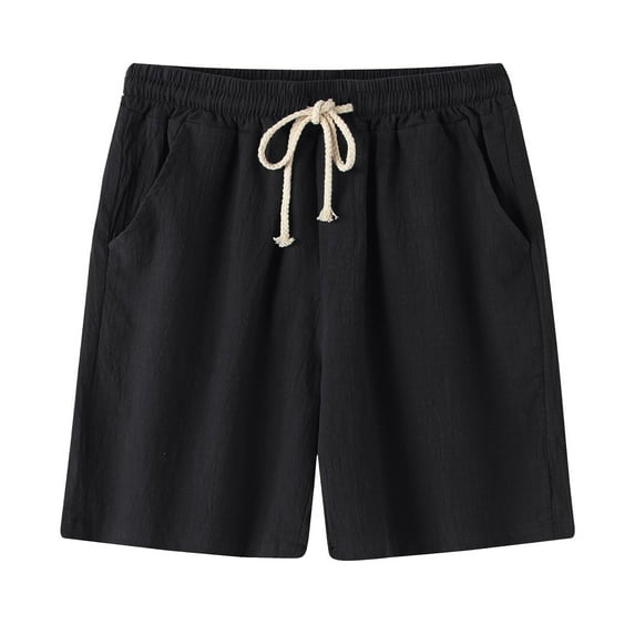 Mens Summer Linen Beach Shorts Elastic Mid Waist Vacation Shorts Lightweight Breathable Soft Comfort Shorts Daily Home Pajama Shorts