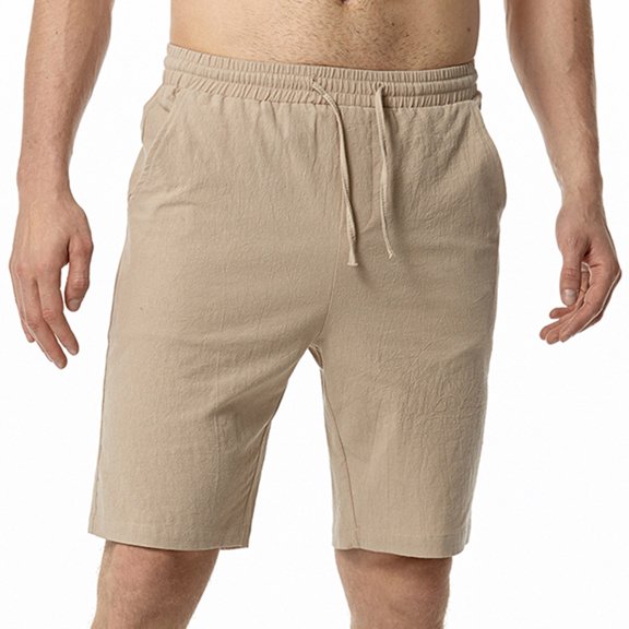 Mens Summer Linen Beach Shorts Elastic Mid Waist Vacation Shorts Lightweight Breathable Soft Comfort Shorts Daily Home Pajama Shorts