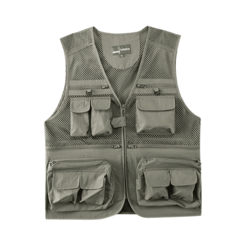 Mens Summer Outdoor Work Safari Fishing Travel Photo Vest with Pockets  Summer Thin Mmesh Fishing Vest（Light Army Green, 5XL） 