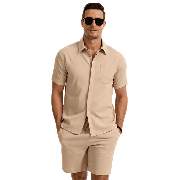 Mens Summer Outfit 2 Piece Beach Shirt Shorts Set Coconut Button Casual Vacation Summer Set Light Khaki S
