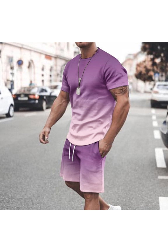 Mens Summer Outfits 2 Piece Shorts T Shirt Sets Tracksuit Set Round Neck Short Sleeve Tops and Drawstring Shorts Suit Gym Sport Beach Sets Casual Loose Co Ord Set Purple XL