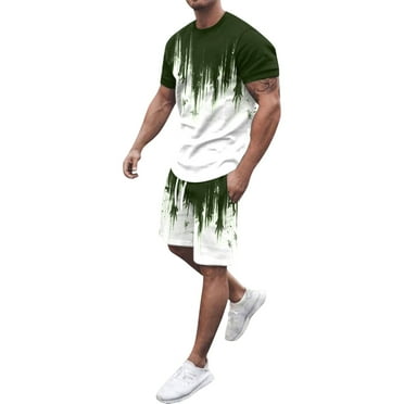Mens Summer Outfits 3 Piece Big & Tall Color Solid Raglan Sleeve Coordinated Outfit Slim Fit Outdoor Tracksuits Sportwear Set,Army Green,M
