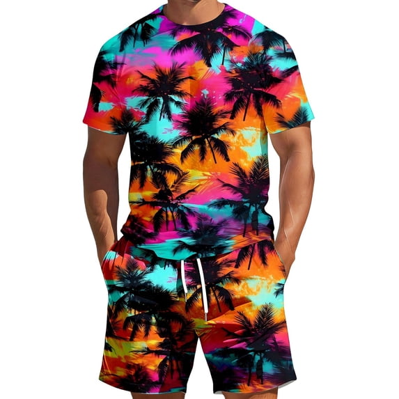 Mens Summer Outfits Men's Spring Summer Leisure Sports Beach Style Stitching Print Short Sleeve T Shirt and Shorts Two Piece Set Hawaiian Print Orange L